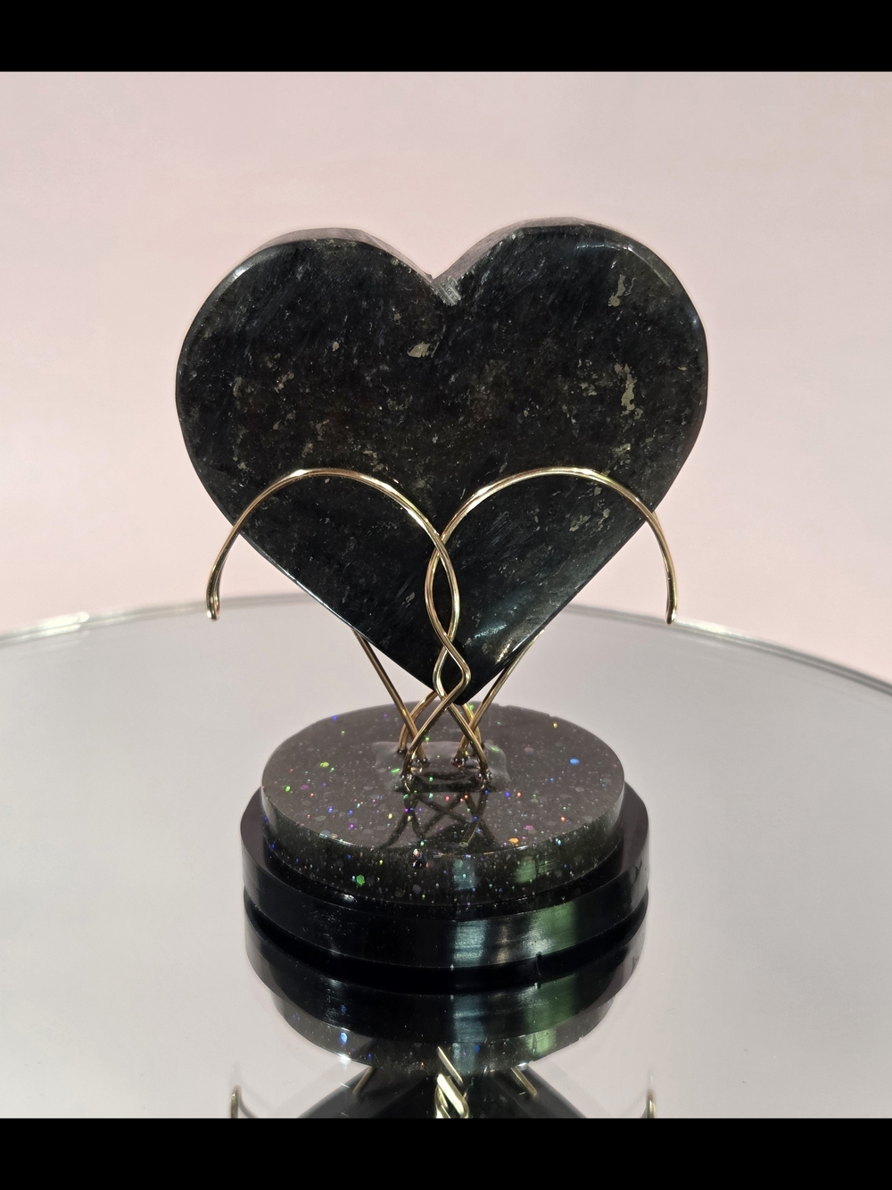 Natural Blue Flash Astrophyllite Gemstone Heart On Handmade Bronze Display